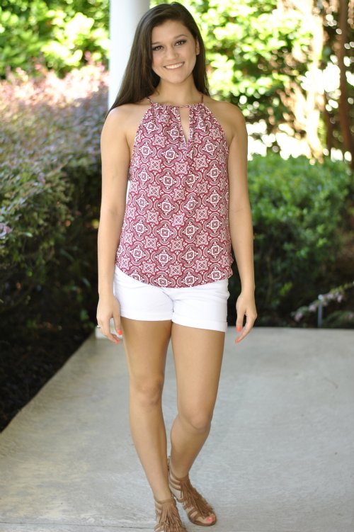 Amelia Tile Print Tank- Crimson/White